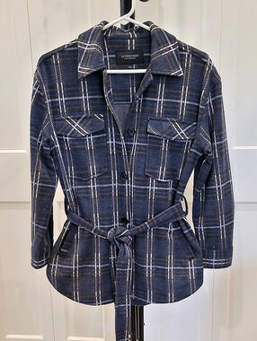 Liverpool Los Angeles Plaid Belted Shirt Jacket Blue L, Brown & White